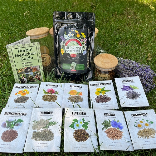 Medicinal Garden Kit package and Herbal Medicinal Guide on grass